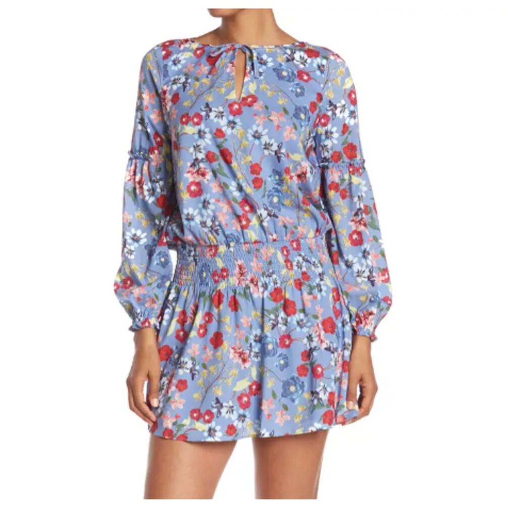 Parker Floral Smocked Waist Key Hole Ruffle Long Sleeve Dress Periwinkle Medium